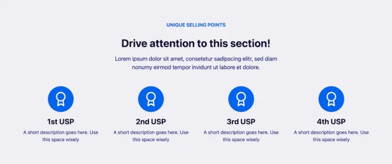 Ein cleanes Kadence-Block-Template, um die USPs einer Website hervorzuheben.